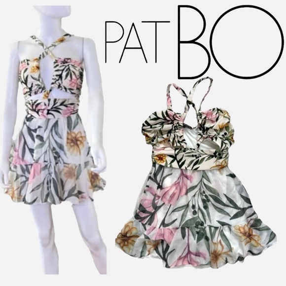 PatBo Jasmine Cutout Mini Dress Sexy Honeymoon Floral Ruffle Criss Cross Large - Picture 4 of 16